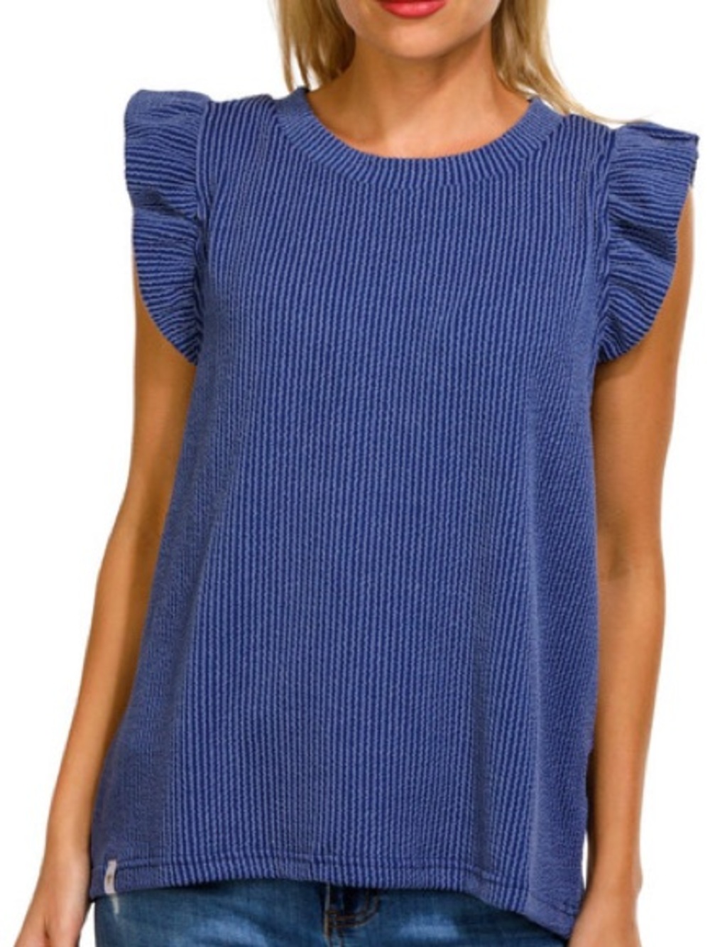 Simply Southern Size L Navy Blue Knit Ruffle Cap Sleeve Top